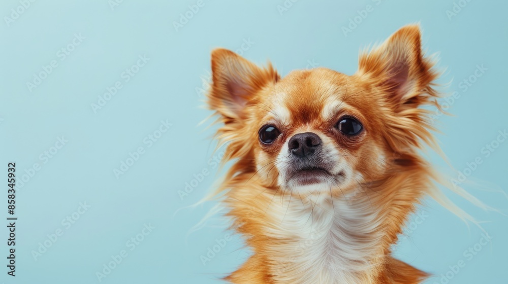 Chihuahua with long hair isolated on light blue background Chihuahua with long hair isolated on light blue background