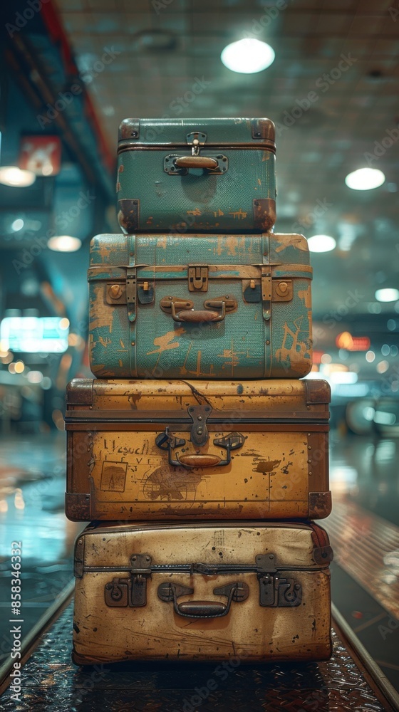 Suitcases stacked on top of each other on a platform, Travel concept
