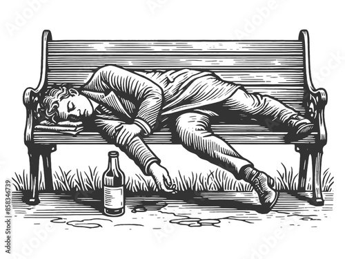 Drunk alcoholic man sleeping on a park bench with a bottle nearby, poignant scene sketch engraving generative ai fictional character vector illustration. Scratch board imitation. Black and white image