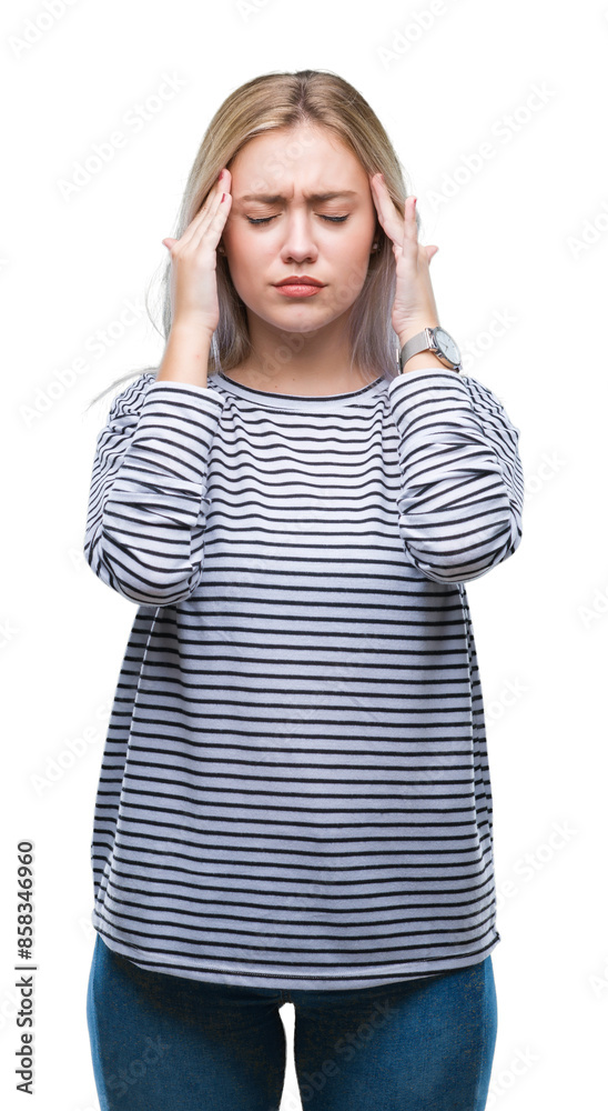 Young blonde woman over isolated background with hand on head for pain in head because stress. Suffering migraine.