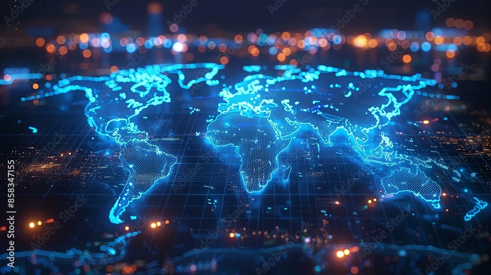 A futuristic world map with glowing lines and bright dots showcasing digital connections, set against a dark background with highlighted pathways and data points.