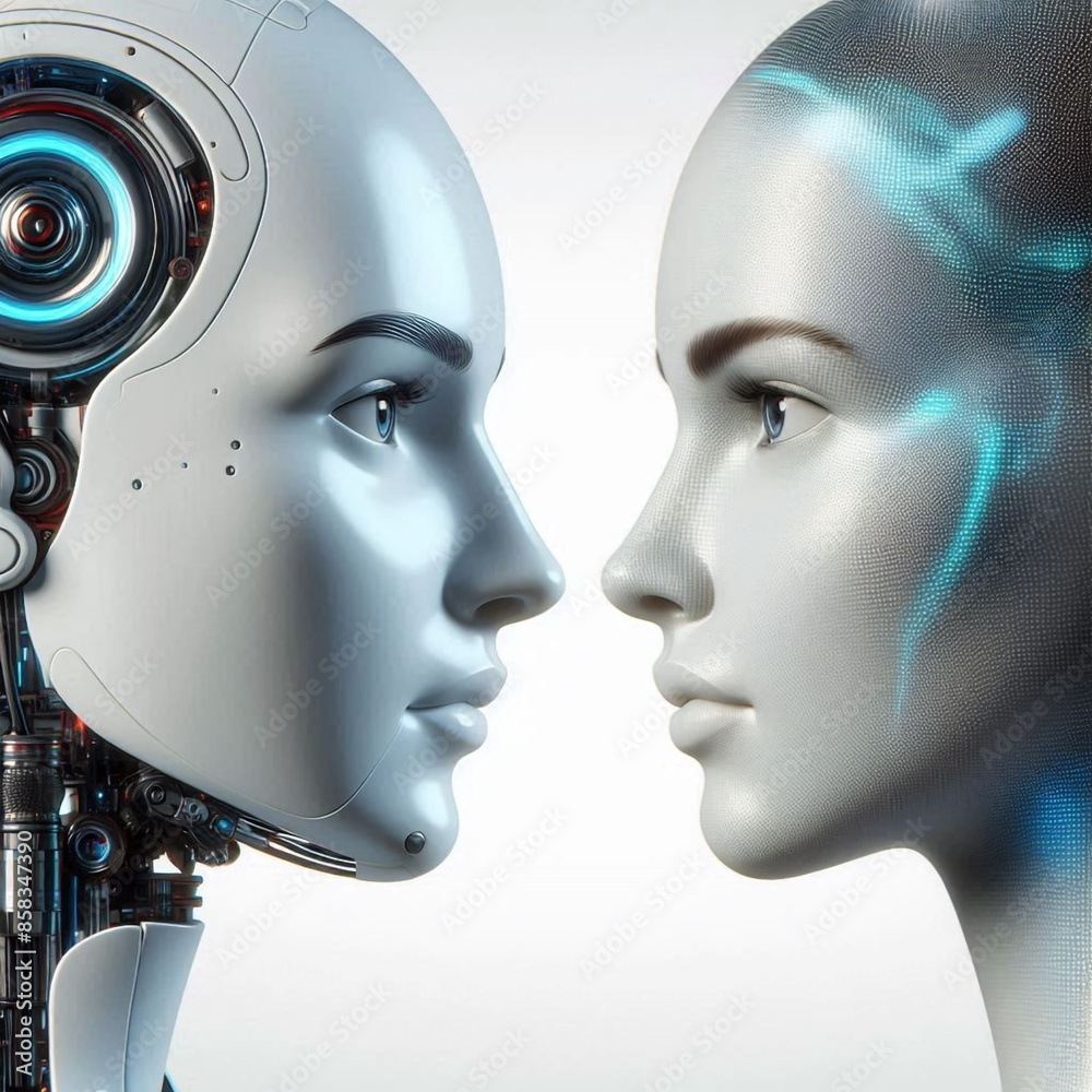 Female android robot with AI head on white background. Female android head isolated on white background. Female android robot with AI head on white background. Female android head isolated on white background.