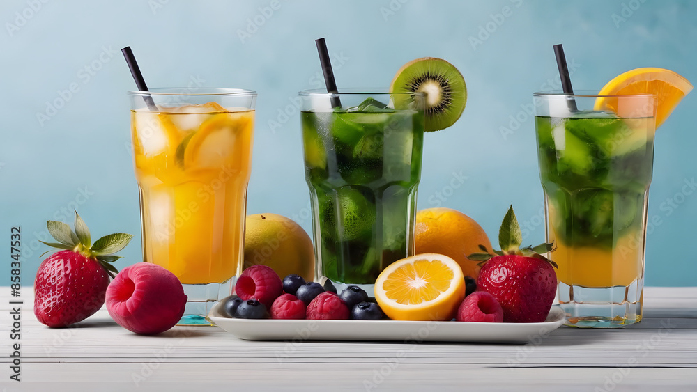 Glasses with refreshing drinks made from fresh fruit with ice and straw, cocktails, fresh citrus fruits, drink menu card Glasses with refreshing drinks made from fresh fruit with ice and straw, cocktails, fresh citrus fruits, drink menu card