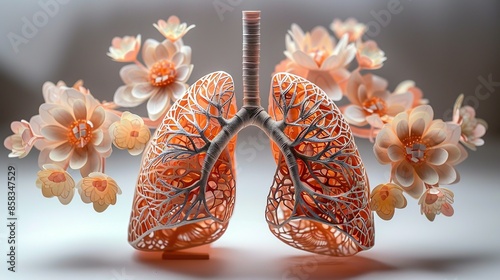An intricately designed paper craft model of the human respiratory system, featuring lungs, trachea, and diaphragm with precision, ideal for educational purposes and medical illustrations.