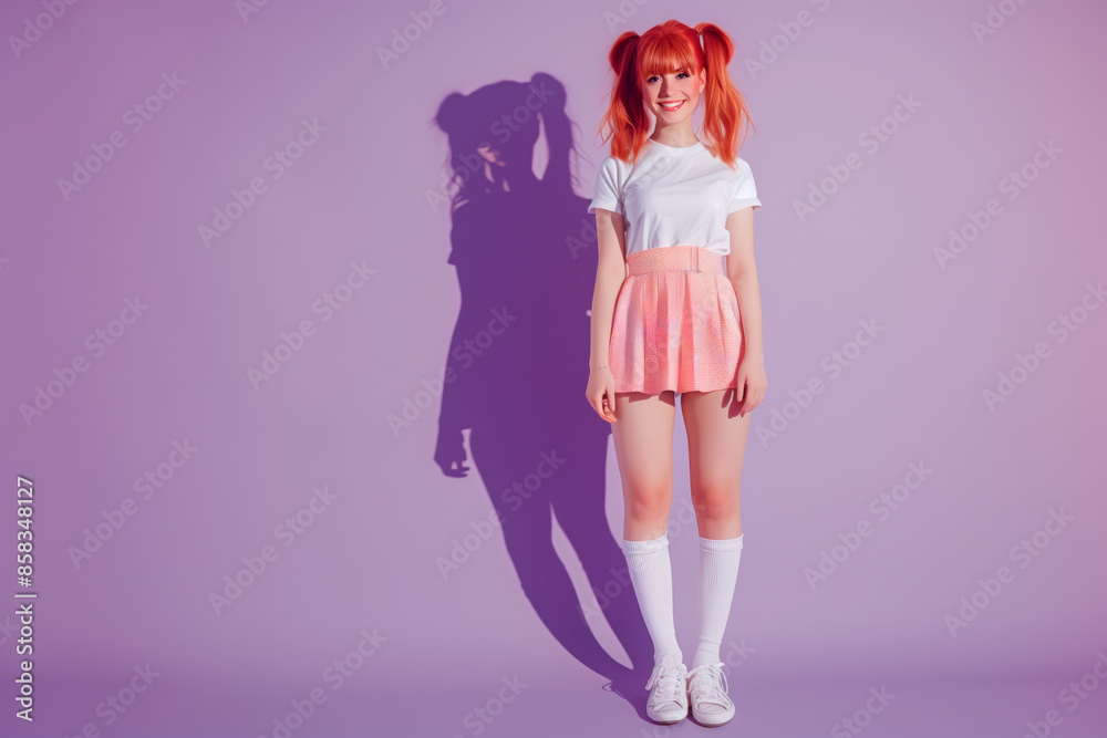 Smiling Teen Girl with Pigtails in Pink Skirt on Purple Background. Joyful red-haired teen girl with pigtails, white shirt, and pink skirt standing on a purple backdrop. Bright and cheerful. Smiling Teen Girl with Pigtails in Pink Skirt on Purple Background. Joyful red-haired teen girl with pigtails, white shirt, and pink skirt standing on a purple backdrop. Bright and cheerful.