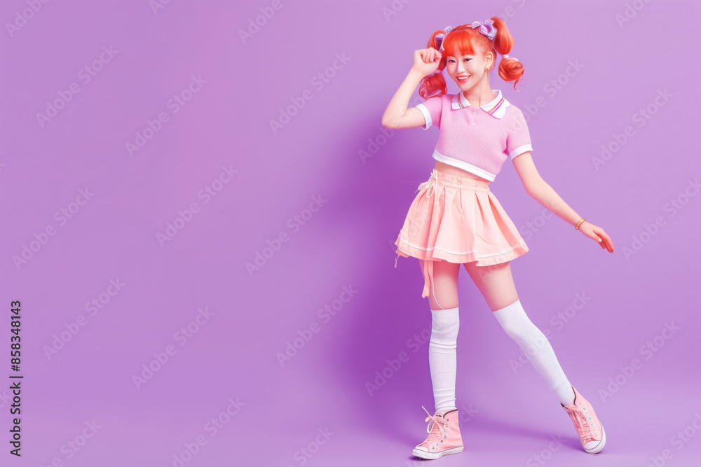 Cheerful Girl in Pink Outfit Posing. Cheerful teenage girl with pigtails, dressed in a pink outfit and posing playfully against a vibrant purple background. Cheerful Girl in Pink Outfit Posing. Cheerful teenage girl with pigtails, dressed in a pink outfit and posing playfully against a vibrant purple background.