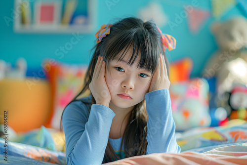 Pensive young girl in a colorful bedroom. The child is resting her face in her hands, conveying contemplation or daydreaming, suitable for educational and lifestyle content. photo
