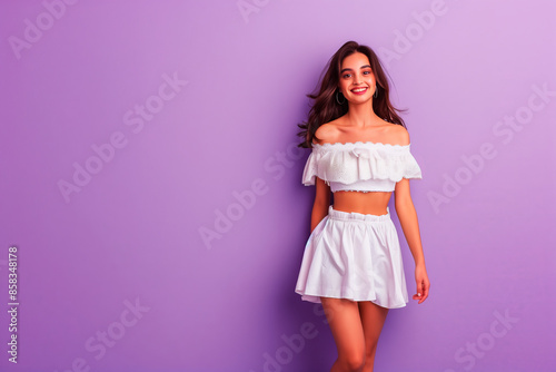 Smiling Woman in White Summer Outfit. Cheerful young woman with long hair, wearing a white off-shoulder top and skirt, posing against a vibrant purple background.