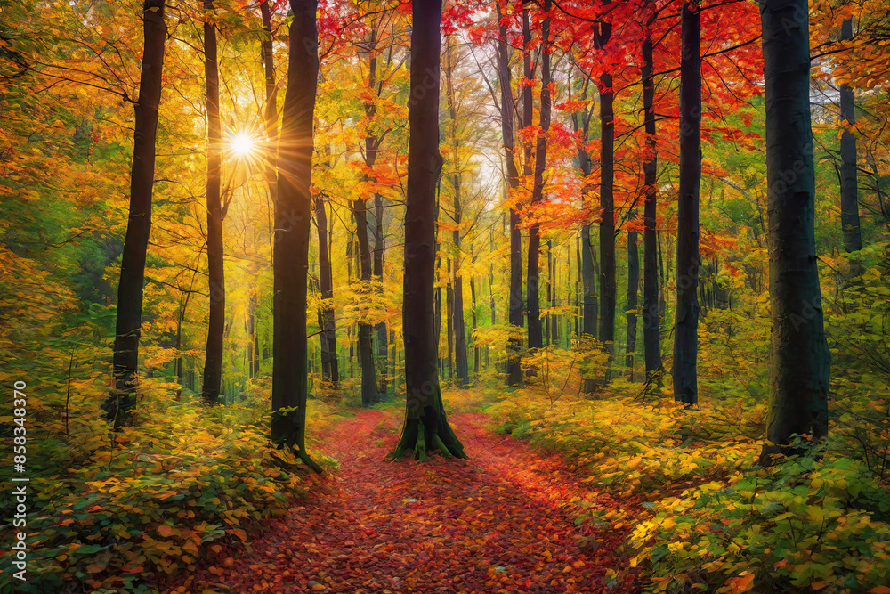 Fototapeta premium Autumn forest landscape, orange golden foliage, fall wallpaper