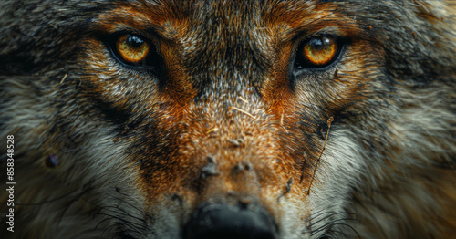 close-up of the muzzle of a hungry adult wolf looking at the camera with evil eyes