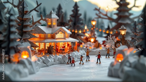 Create a detailed paper craft of a family ice skating at a rink. Include skaters in motion, a festive atmosphere, and a warm drink stand nearby. Illustration, Minimalism,