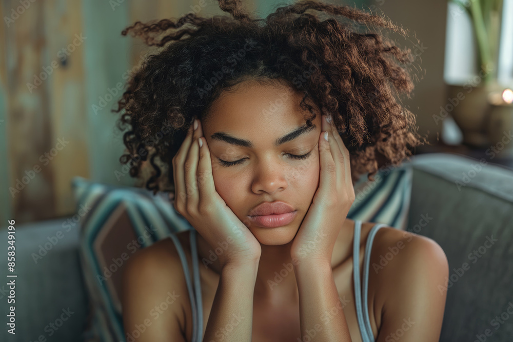 Stressed young woman with closed eyes resting on couch. Perfect for illustrating mental exhaustion, stress management, or relaxation techniques in lifestyle and health content. Stressed young woman with closed eyes resting on couch. Perfect for illustrating mental exhaustion, stress management, or relaxation techniques in lifestyle and health content.