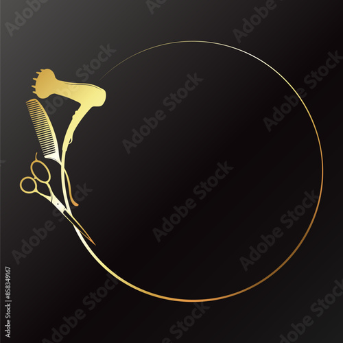 Hair dryer scissors comb in a circle, gold design for a beauty salon
