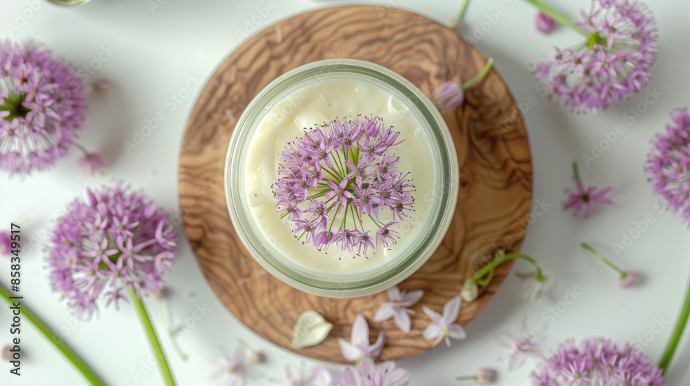 Cream filled jar allium blossoms wooden board on white backdrop close up Cream filled jar allium blossoms wooden board on white backdrop close up