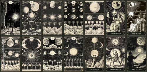 vintage vintage style deck of tarot cards. magical predictions of the future, mysterious characters. AI generated