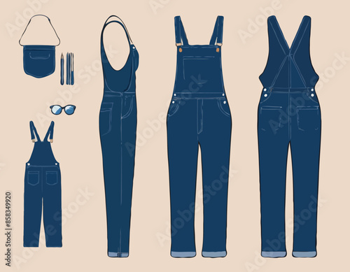 Denim overall jumpsuit vector template illustration