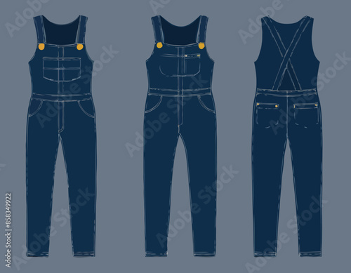 Denim overall jumpsuit vector template illustration