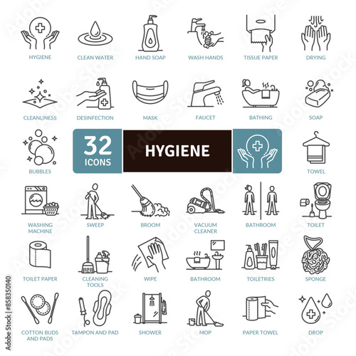 Hygiene icon collection. Conditions and practices that help to maintain health and prevent the spread of diseases.