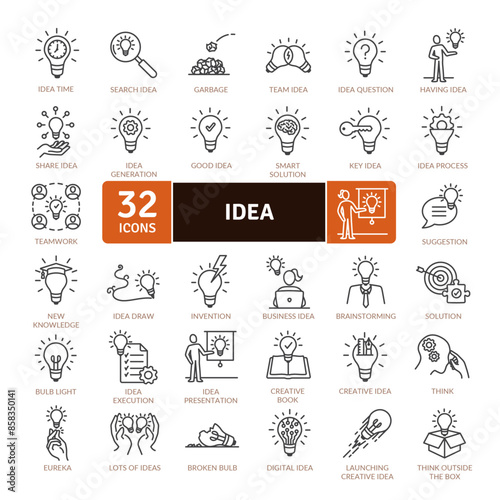 Idea icons pack. Idea may apply to a mental image or formulation of something seen or known or imagined