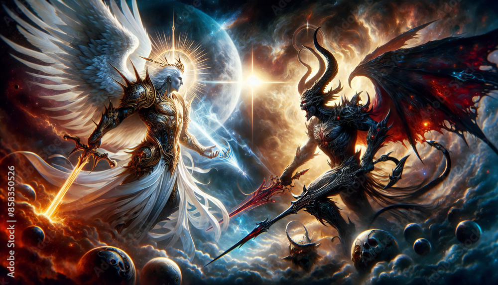 Obraz premium A cosmic battle between good and bad,God versus demons