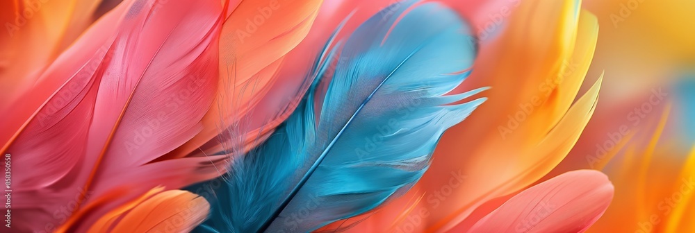 Vibrant feathers close-up. A visually captivating image showcasing colorful feathers in hues of blue, orange, and pink. Ideal for creative design projects, marketing materials Vibrant feathers close-up. A visually captivating image showcasing colorful feathers in hues of blue, orange, and pink. Ideal for creative design projects, marketing materials