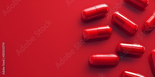 Red capsules on bright red background. Depicts pharmaceutical medication or supplements. Perfect for healthcare marketing, pharmacy promotions, and medical editorials