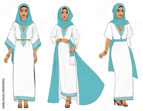 Femme en robe traditionnelle marocaine, costume national. Vêtements, tenue, kaftan avec broderie et foulard de Marrakech. Illustration vectorielle à plat isolée sur fond blanc