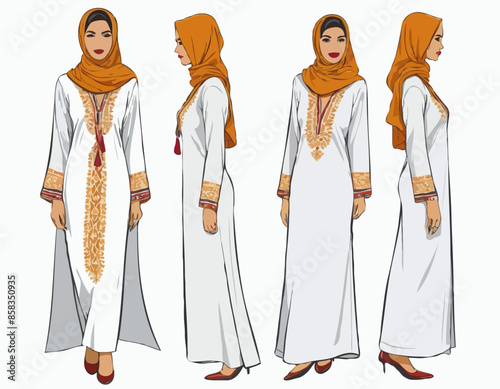 Femme en robe traditionnelle marocaine, costume national. Vêtements, tenue, kaftan avec broderie et foulard de Marrakech. Illustration vectorielle à plat isolée sur fond blanc