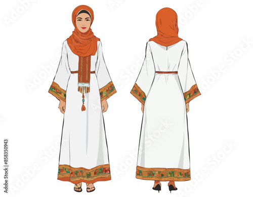 Femme en robe traditionnelle marocaine, costume national. Vêtements, tenue, kaftan avec broderie et foulard de Marrakech. Illustration vectorielle à plat isolée sur fond blanc