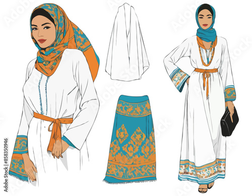 Femme en robe traditionnelle marocaine, costume national. Vêtements, tenue, kaftan avec broderie et foulard de Marrakech. Illustration vectorielle à plat isolée sur fond blanc