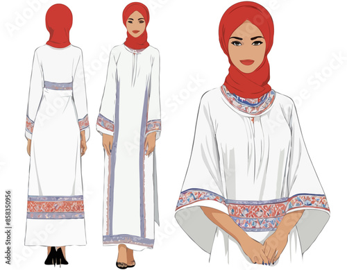 Femme en robe traditionnelle marocaine, costume national. Vêtements, tenue, kaftan avec broderie et foulard de Marrakech. Illustration vectorielle à plat isolée sur fond blanc