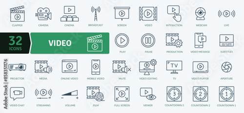 Video Icons Pack. A program, movie, and other visual media product featuring moving images
