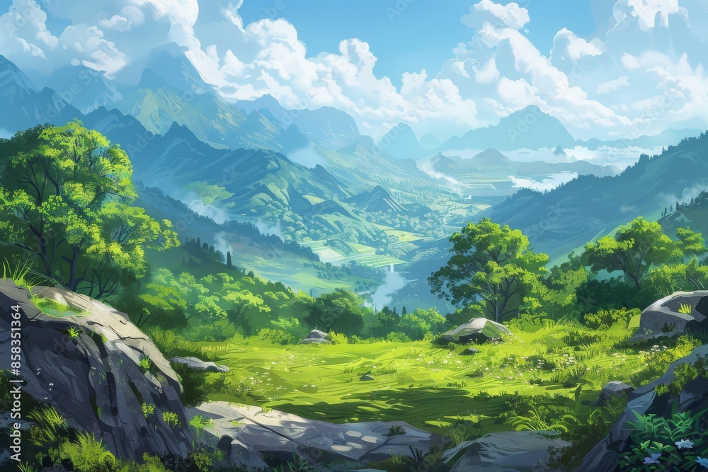 Naklejka premium Mountain View, Lush Green Landscape