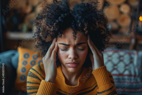 Woman suffering from migraine stress. Expressing frustration and discomfort, ideal for health and wellness articles, mental health awareness campaigns, and stress-related content. photo