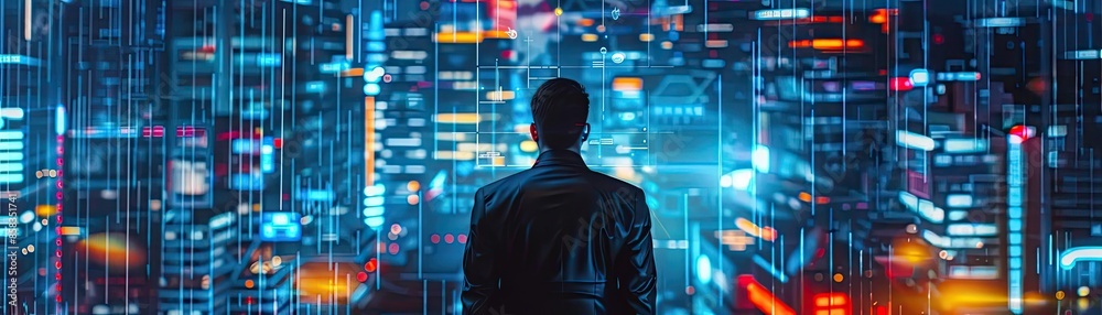 Silhouette of a man gazing at a futuristic digital cityscape filled with vibrant lights and technological elements. Silhouette of a man gazing at a futuristic digital cityscape filled with vibrant lights and technological elements.