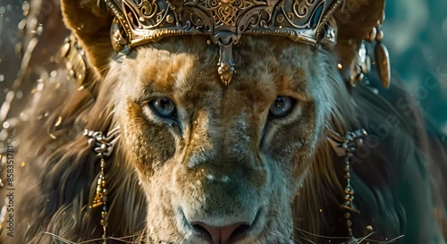 Majestic lion wearing an elaborate crown, embodying power and royalty with a noble expression, surrounded by intricate details.