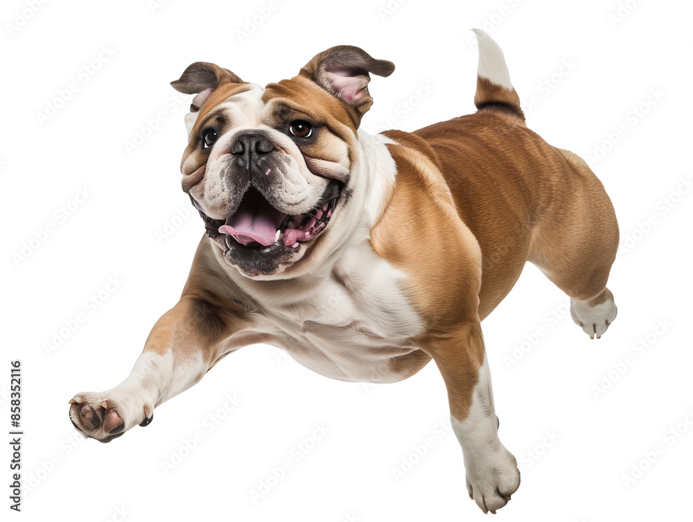 Fototapeta premium Full body shot of Bulldog dog, running happily, smiling.