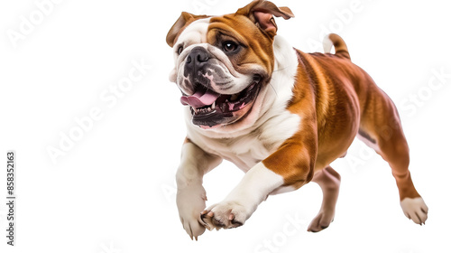 Full body shot of Bulldog dog, running happily, smiling.