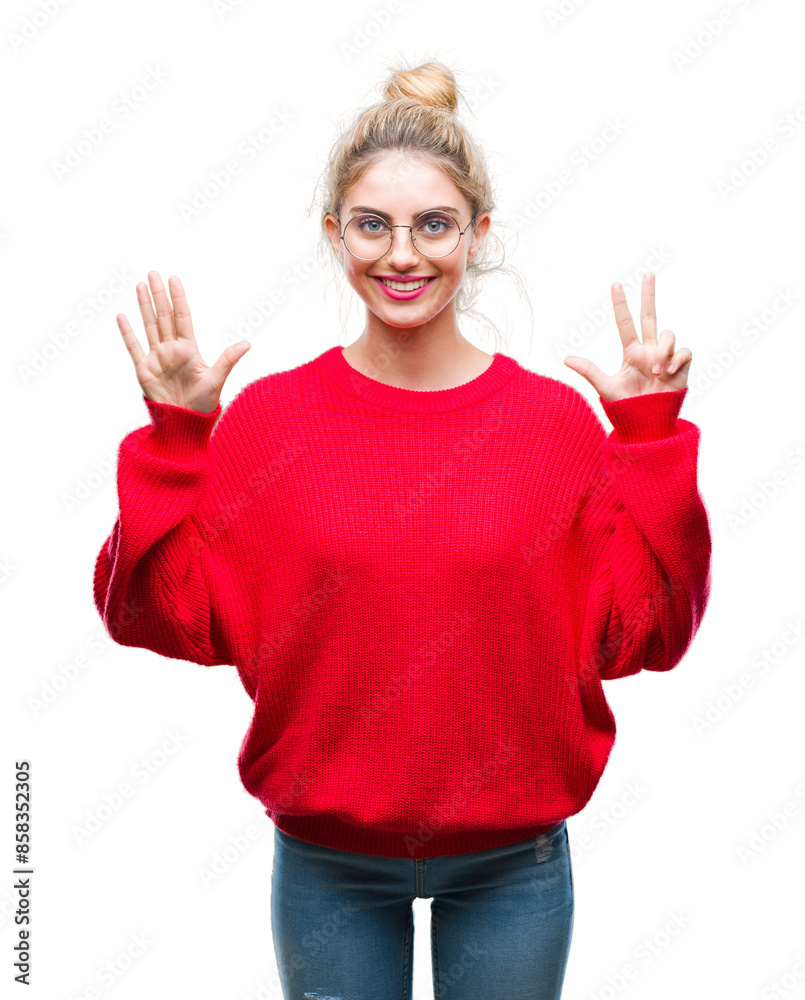 Young beautiful blonde woman wearing red sweater and glasses over isolated background showing and pointing up with fingers number eight while smiling confident and happy. Young beautiful blonde woman wearing red sweater and glasses over isolated background showing and pointing up with fingers number eight while smiling confident and happy.