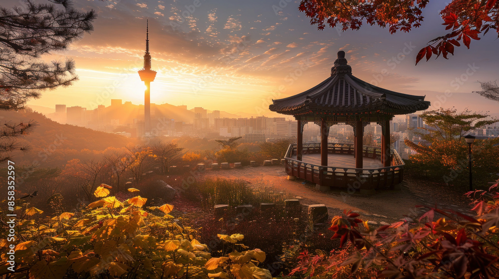 Obraz premium Seoul Tower and octagonal pavilion in autumn, overlooking the city at sunrise in Seoul, South Korea.