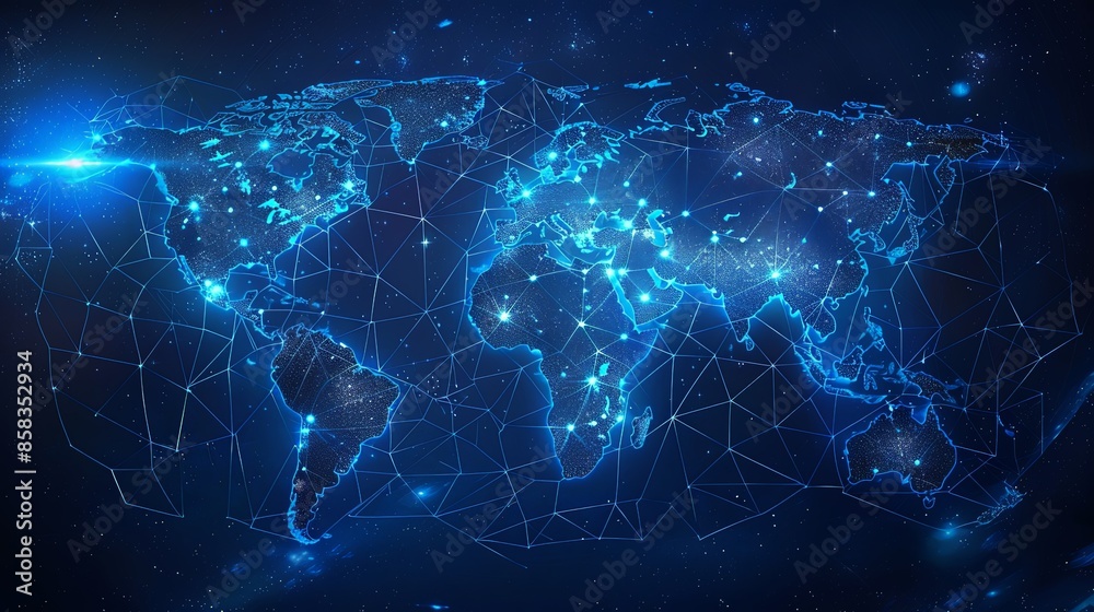 This image represents a technological world map with glowing nodes, highlighting the complexity and connectivity of global communication and data networks. This image represents a technological world map with glowing nodes, highlighting the complexity and connectivity of global communication and data networks.
