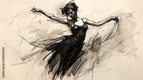 wide entertainment banner, black and white illustration charcoal pencil sketch drawing of women dancing and performing on stage with beautiful long dress, active live event scene in white background
