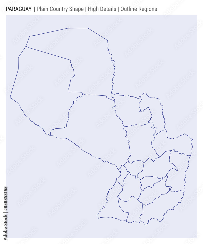 Fototapeta premium Paraguay plain country map. High details. Outline regions style. Shape of Paraguay. Vector illustration.