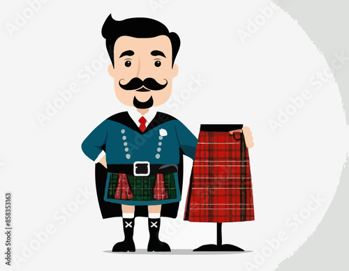 Scottish male with a mustache in a kilt. Vector illustration isolated on white background.