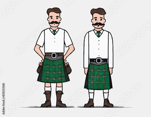 Scottish male with a mustache in a kilt. Vector illustration isolated on white background.