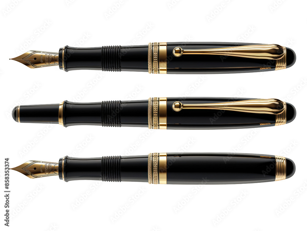 A close-up of a black and gold fountain pen with a nib, cap, and barrel. The pen is isolated on a black background. A close-up of a black and gold fountain pen with a nib, cap, and barrel. The pen is isolated on a black background.