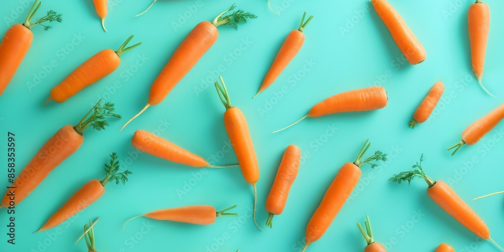 Fresh carrots on a turquoise background. A high-angle view of vibrant orange carrots scattered against a bright surface. Ideal for nutrition, health, and cooking concepts. Fresh carrots on a turquoise background. A high-angle view of vibrant orange carrots scattered against a bright surface. Ideal for nutrition, health, and cooking concepts.
