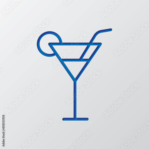 Cocktail glass simple icon vector. Flat design. Paper cut design. Cutted blue symbol with shadow. Gray background