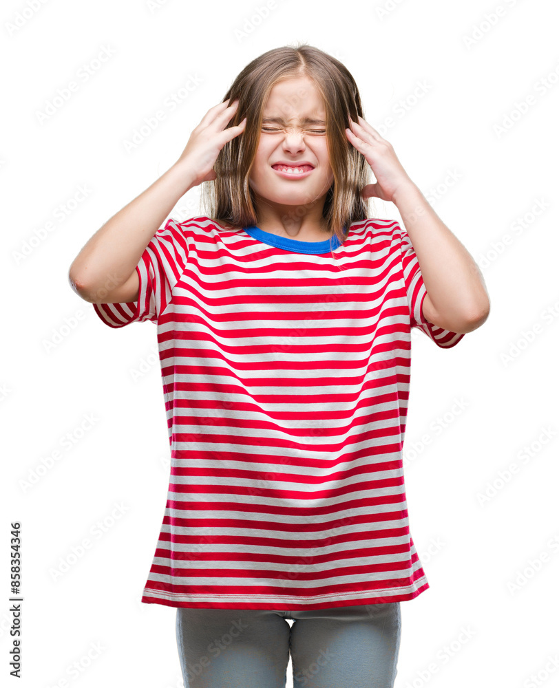 Young beautiful girl over isolated background with hand on head for pain in head because stress. Suffering migraine.