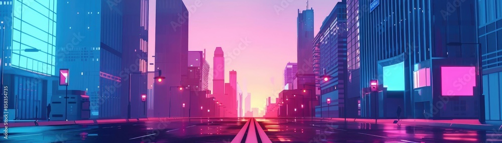 Futuristic cityscape at sunset with neon lights and skyscrapers. Vibrant urban scene featuring modern buildings and a glowing skyline. Futuristic cityscape at sunset with neon lights and skyscrapers. Vibrant urban scene featuring modern buildings and a glowing skyline.